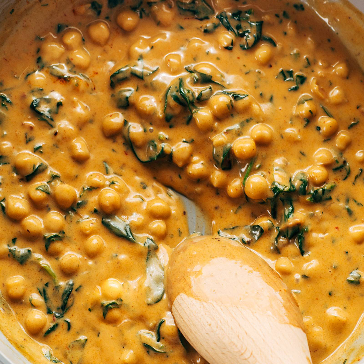 Chickpea curry in a sauté pan.
